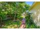 A side yard area with a brick path, lush greenery, and a partial view of a fence and neighboring building at 4251 Whittner Dr, Land O Lakes, FL 34639