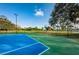 Outdoor basketball and tennis court with blue and green surface, lighting, and greenery at 2775 Kipps Colony S Dr # 105, Gulfport, FL 33707
