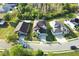 Aerial view showing three houses with well-maintained lawns and proximity to lush greenery at 4110 Huntingdale Ct, Wesley Chapel, FL 33543