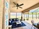 Covered lanai with comfortable seating, ceiling fan and serene backyard views at 4110 Huntingdale Ct, Wesley Chapel, FL 33543