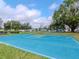 Outdoor basketball court with bright blue surface and green accents in a residential neighborhood at 25925 Terrawood Loop, Land O Lakes, FL 34639
