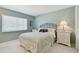 Bedroom with queen bed, blind-covered window, and neutral walls at 3151 Landmark Dr # 123, Clearwater, FL 33761