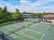 Overhead shot showcasing pickleball and tennis courts surrounded by lush landscape at 5749 Cheech Gln, Bradenton, FL 34211