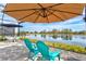 Lake view from screened patio with chairs and table, and calm water at 5749 Cheech Gln, Bradenton, FL 34211