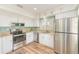 Modern kitchen boasts stainless steel appliances, white cabinets, and warm-toned countertops and flooring at 2546 Oakleaf Ln # 35D, Clearwater, FL 33763