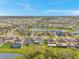 Overhead view of a residential neighborhood surrounding a pond, showcasing the community's layout and natural surroundings at 5045 Ivory Stone Dr, Wimauma, FL 33598