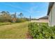 A well-maintained backyard featuring lush green grass, bordered by a fence and green foliage at 5045 Ivory Stone Dr, Wimauma, FL 33598