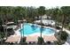 Aerial view of a community pool surrounded by palm trees and covered lounge areas at 26848 Shoregrass Dr, Wesley Chapel, FL 33544