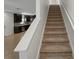 Carpeted staircase leading to the upper level, adjacent to the kitchen with modern design elements at 4734 Chatterton Way, Riverview, FL 33578