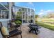 Relaxing screened-in patio with comfortable seating and a fire pit, overlooking a beautiful water view at 27045 Firebush Dr, Wesley Chapel, FL 33544