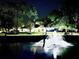 Night aerial view of home with illuminated fountain in pond and lush surrounding trees and landscape at 7425 245Th E St, Myakka City, FL 34251