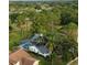 Birds eye view of a beautiful home featuring a large screened-in pool in a lush, wooded neighborhood at 16311 Colwood Dr, Odessa, FL 33556