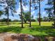 A picturesque backyard features verdant green space and mature trees on a golf course at 16311 Colwood Dr, Odessa, FL 33556
