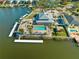 Stunning aerial view of a waterfront property with a pool, multiple docks, and lush tropical landscaping at 6029 Bayway Ct, New Port Richey, FL 34652