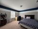 Bedroom with blue and gray color scheme, carpeted floor, and natural light from a window at 20314 Starfinder Way, Tampa, FL 33647