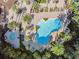 Aerial view of the community pools, seating areas, clubhouse, and lush landscaping at 19308 Sunset Bay Dr, Land O Lakes, FL 34638