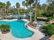 A view of the community pool with umbrellas, a spa, a water slide, and chairs surrounding the pool at 4446 Wildstar Cir, Wesley Chapel, FL 33544
