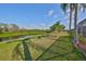 Lush backyard features green grass, tropical palm trees, and a tranquil water view, creating a serene outdoor oasis at 13024 Prestwick Dr, Riverview, FL 33579