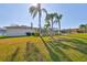 Expansive backyard features a well-manicured lawn with tropical palm trees, offering ample space for outdoor activities and relaxation at 13024 Prestwick Dr, Riverview, FL 33579