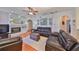 Inviting living room with a cozy fireplace, hardwood flooring, and an open layout, perfect for entertaining at 13024 Prestwick Dr, Riverview, FL 33579