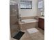 Bathroom featuring a large soaking tub, walk-in shower, and single sink vanity at 920 Regal Manor Way, Sun City Center, FL 33573