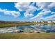Scenic view of a serene pond surrounded by green grass and homes on a beautiful, partly cloudy day at 12515 Horseshoe Bend Dr, Lithia, FL 33547