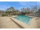 Community pool with brick surround, hot tub, lounge chairs and trees in the background, under a blue sky at 5100 Burchette Rd # 306, Tampa, FL 33647