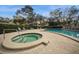 View of the brick-surrounded pool, hot tub, and patio furniture with lounge chairs and umbrella at 5100 Burchette Rd # 306, Tampa, FL 33647