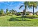 Expansive backyard with lush landscaping and mature palm trees providing a private and serene outdoor space at 16135 Cape Coral Dr, Wimauma, FL 33598