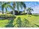 Spacious backyard showcasing lush landscaping, swaying palm trees, and a screened-in lanai with views at 16135 Cape Coral Dr, Wimauma, FL 33598