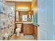 Well-lit bathroom featuring a wooden vanity, large mirror, and a shower with a curtain at 16135 Cape Coral Dr, Wimauma, FL 33598