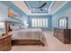 Comfortable bedroom with blue walls, plantation shutters, and a ceiling fan creating a relaxing atmosphere at 4822 Grand Banks Dr, Wimauma, FL 33598