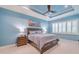 Comfortable bedroom with blue walls, plantation shutters, and a ceiling fan creating a relaxing atmosphere at 4822 Grand Banks Dr, Wimauma, FL 33598