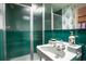 Vintage-style bathroom featuring a glass shower, green tiling, and white porcelain sink at 606 20Th Ne Ave, St Petersburg, FL 33704