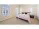 Cozy bedroom featuring tray ceilings, neutral carpet, and many windows at 3410 Sondrio Cir, Tampa, FL 33611