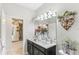 Elegant bathroom featuring double vanity, modern lighting, and decorative floral accents at 13218 Satin Lily Dr, Riverview, FL 33579