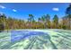 Scenic view of well-maintained tennis courts framed by lush trees against a bright blue sky at 31841 Larkenheath Dr, Wesley Chapel, FL 33543