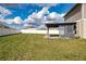 Spacious backyard featuring a covered patio and a white fence at 13106 Zolo Springs Cir, Riverview, FL 33579
