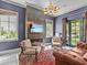 Cozy living room featuring a fireplace, tv, comfortable seating, large window with natural light at 2603 W Parkland Blvd, Tampa, FL 33609