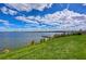 Scenic lake view with a wooden dock, lush green lawn, and calm waters, perfect for enjoying nature at 11117 Abaco Island Ave, Riverview, FL 33579