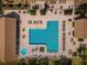 Aerial view of a uniquely shaped, well-maintained pool, complete with ample seating, lush greenery, and a nearby spa at 2731 Sherbrooke Ln # D, Palm Harbor, FL 34684