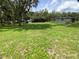 Expansive backyard featuring lush greenery, mature trees, and a storage shed at 3223 Coats Rd, Zephyrhills, FL 33541