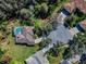 Aerial view of the property featuring a screened-in pool and a cul-de-sac at 9101 Highland Ridge Way, Tampa, FL 33647