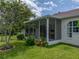 Enclosed patio with lush landscaping and beautiful lawn at 12333 Woodlands Cir, Dade City, FL 33525