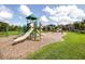 A playground with a slide and other features is surrounded by green grass and mulch at 21807 Amelia Rose Way, Land O Lakes, FL 34637