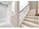Carpeted staircase with dark wood and wrought iron handrail at 21807 Amelia Rose Way, Land O Lakes, FL 34637