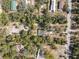 Aerial view showcasing a home with a screened pool surrounded by lush, mature trees at 9641 Fulton Ave, Hudson, FL 34667