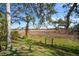 Secluded backyard view with mature trees and a charming gate leading to scenic view at 1472 Ivydale Rd, Spring Hill, FL 34606