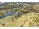Aerial view of home surrounded by lush landscaping near a pond at 29318 Whipporwill Ln, Wesley Chapel, FL 33543