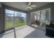 This screened-in porch offers a view of the backyard and an open door to the home at 3025 Chessington Dr, Land O Lakes, FL 34638